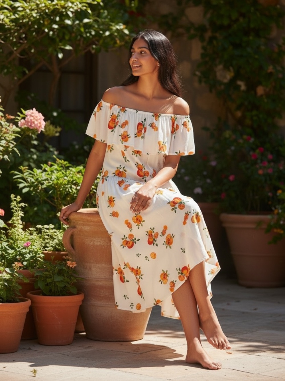Nevena Rae  Off Shoulder Midi Dress Cottagecore Citrus Sundress Small